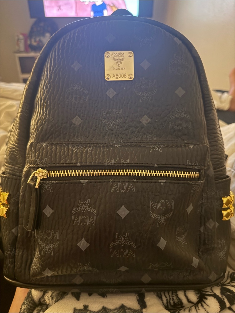 Black Leather Logo-Print Backpack with Gold Hardware